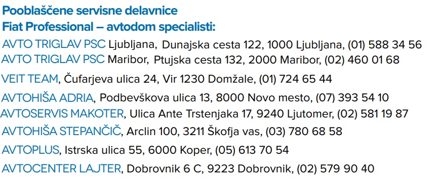 Seznam pooblaščenih serviserjev za avtodome na osnovi Fiat Ducato